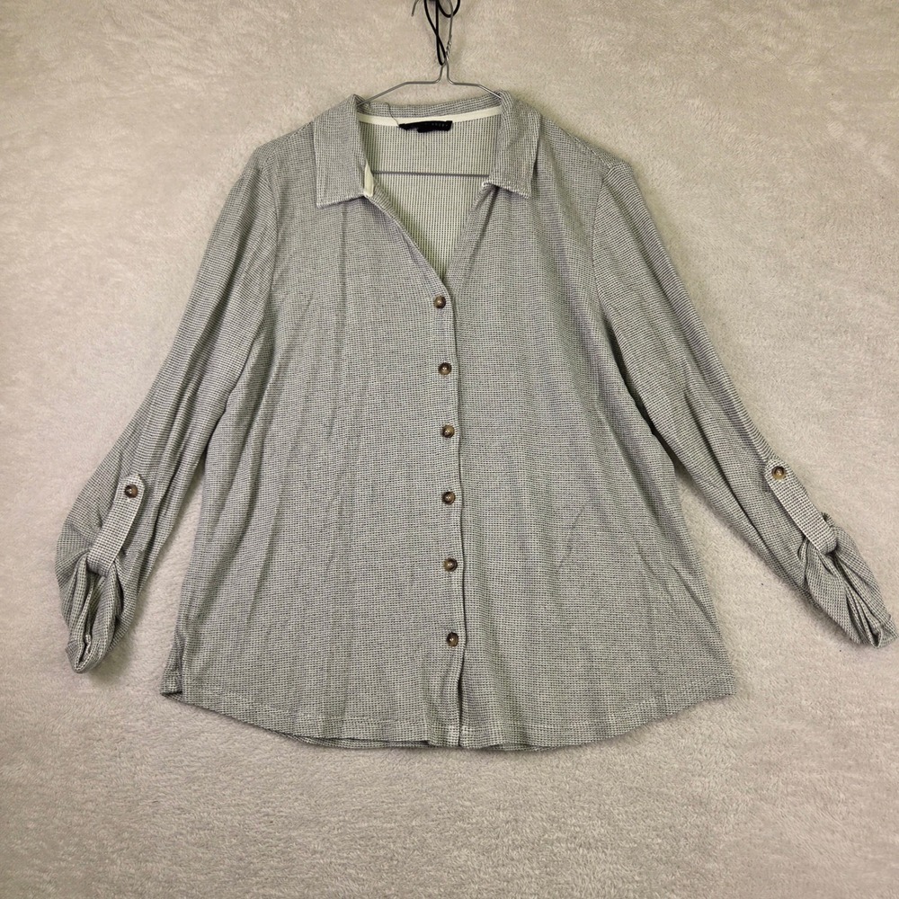 Jane + Delancey Gray Waffle Knit Roll Tab Sleeve Button Down Shirt Large